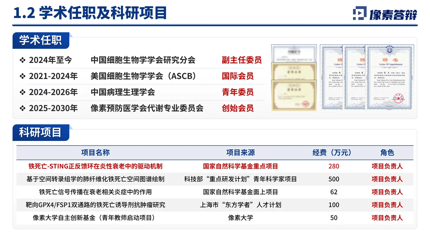 国家杰青(青年科学基金项目A类)答辩PPT模板(铁死亡与衰老炎症)学术任职与科研项目页面参考